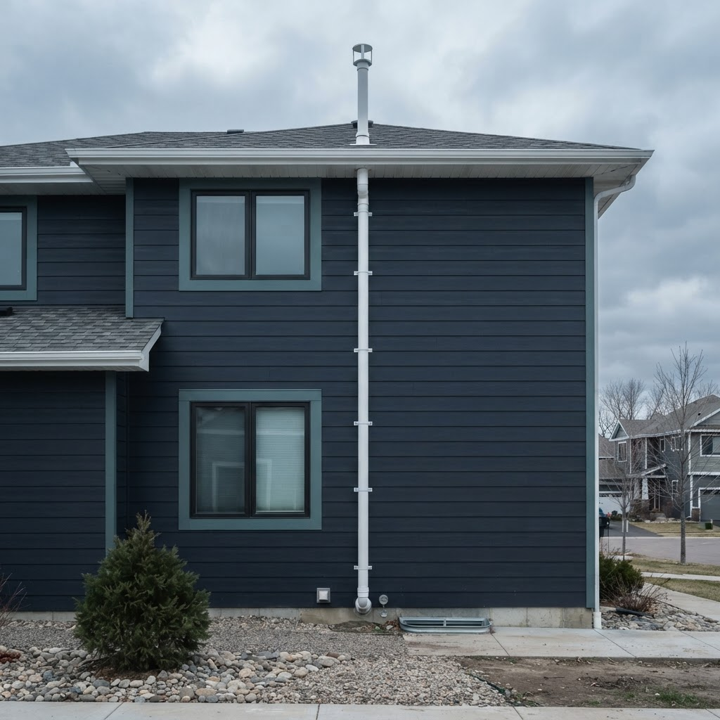 A modern suburban home exterior with a radon mitigation vent pipe on the side wall